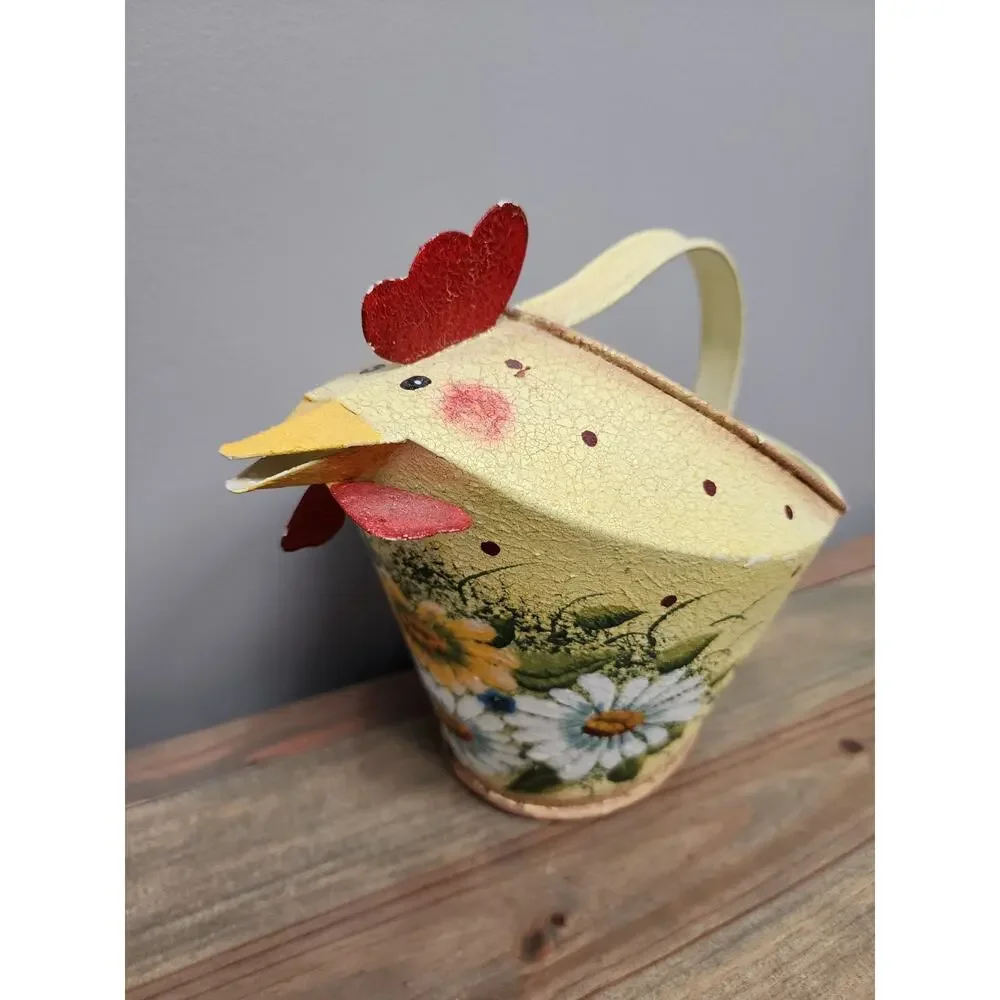 Rooster Tin Watering Pitcher Painted Sunflowers